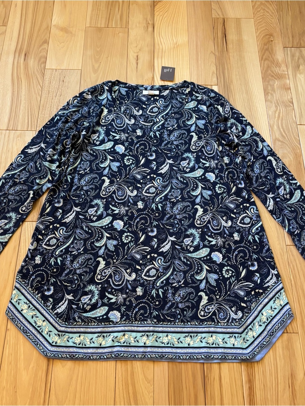 NEW J. Jill Blue Paisley Floral Border Print Cotton Modal Tunic Style Top